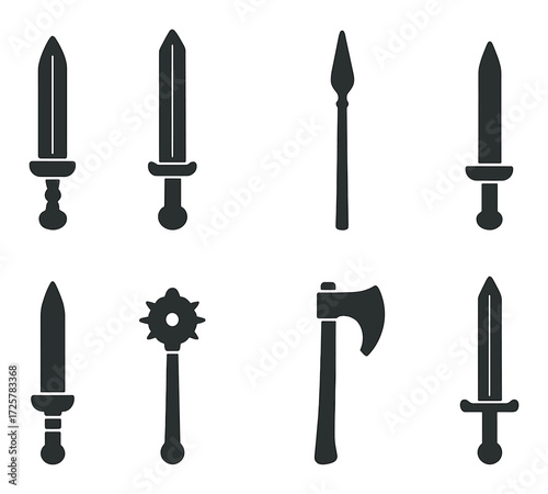 Set of eight dark silhouetted medieval weapons on olive green background