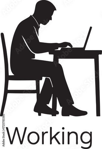 Man Working on Laptop at Desk Silhouette - Business, Remote Work, and Office Environment Icon