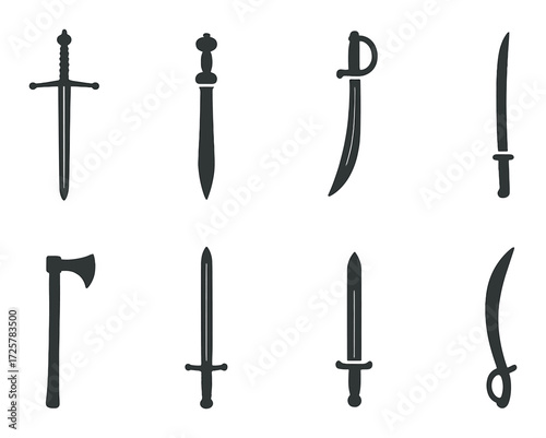 Silhouettes of various medieval weapons on dark background