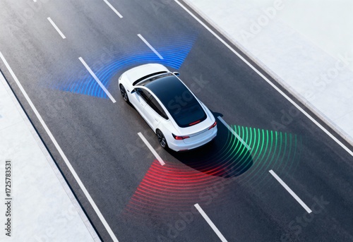 Self-driving electric car using advanced sensors on empty highway in daytime, autonomous navigation and safety technology concept for future transport and smart mobility