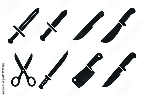 Silhouette collection of knives and cutting tools against dark background