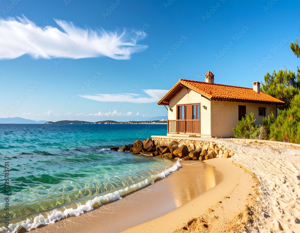 Fototapeta premium Seaside cottage on a tranquil beach with clear turquoise water and a sunny sky
