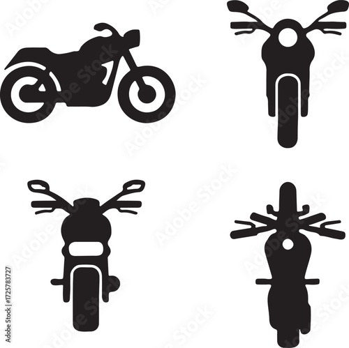 Motorcycle silhouette icons set side, front, back, and top views vector art illustration
