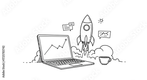 Laptop with Rocket Launching Success Graph