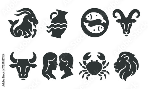 Monochromatic zodiac symbols featuring capricorn pisces taurus gemini cancer leo