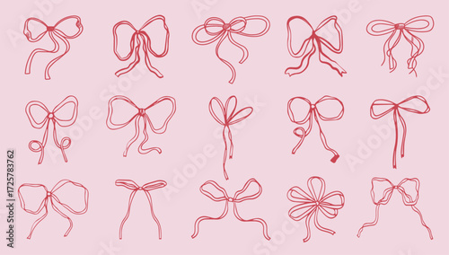 Vintage hand drawn bows whimsical ribbon sketch set collection for wedding merry christmas holiday decoration.  illustration