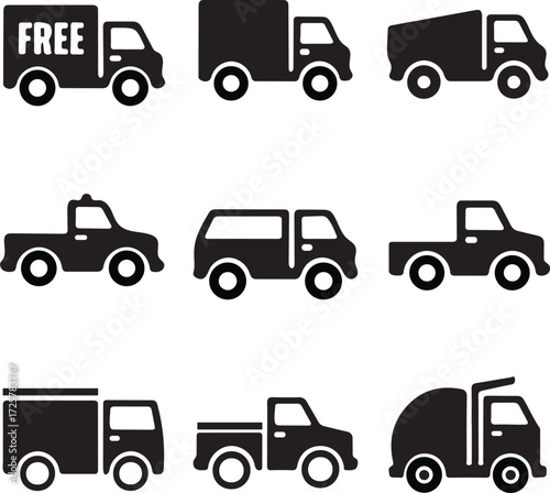 Assortment of Black Silhouette Icons of Various Trucks and Delivery Vehicles free delivery truck pickup truck