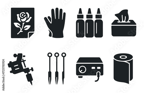 Tattoo equipment icons on dark background: machines, ink, gloves, needles