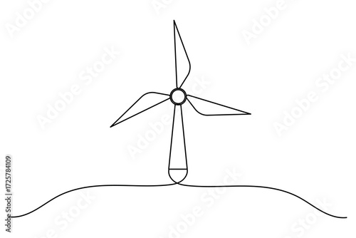 Minimalist one line drawing of a wind turbine symbolizing clean renewable energy and eco friendly design
