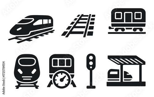 Stylized black train and railway icons on dark background