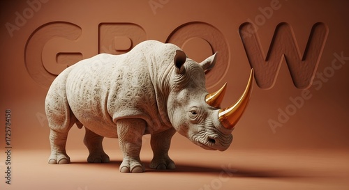 Stylized rhino with golden horns represents growth and power business success finance wealth development progress future