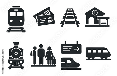 Collection of dark gray train and railway icons including tickets and station symbols