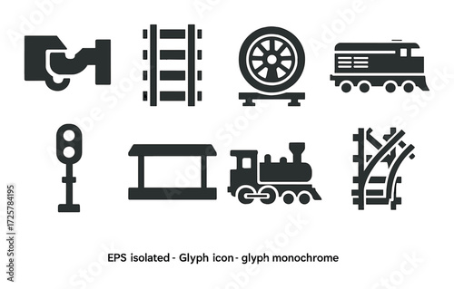Monochrome train transport icons set with railroad and signal symbols