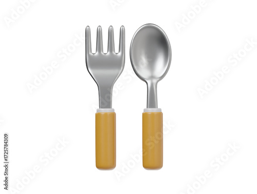 3d sliver fork and spoon with yellow handle icon