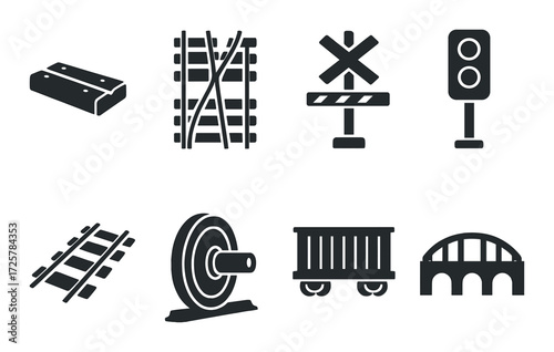 Icon set featuring rail tracks, traffic lights, and train elements