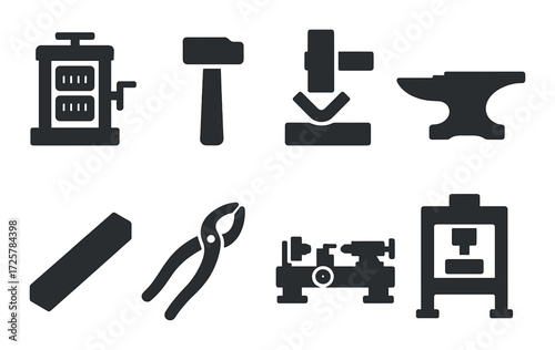 Silhouette of blacksmith tools on steel background: hammer, anvil, pliers, press