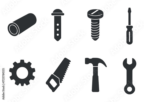 Silhouettes of tools: gear, hammer, screwdriver, and more on black background