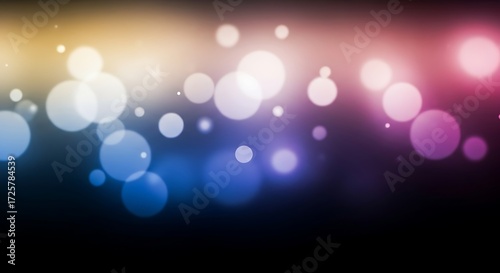 Abstract bokeh lights background with a gradient of yellow, pink, and blue hues, creating a dreamy and magical atmosphere