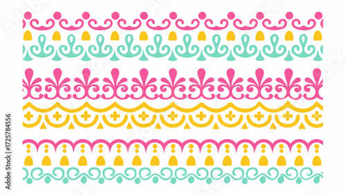 Festive ornamental border design with vibrant pink, turquoise, and yellow hues, ideal for invitations, cards, and digital design projects, originally vector art