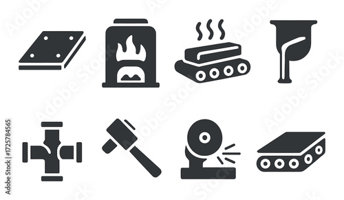 Industrial icons collection: furnace, conveyor, hammer, and more on dark background