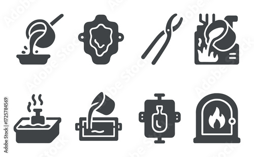 Set of industrial icons featuring tools and processes in silhouette style