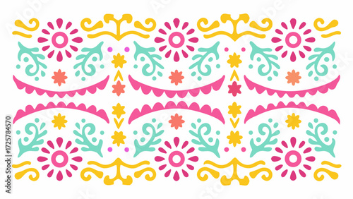 Festive fiesta pattern of colorful blooms, stars, and scrolls, perfect for Cinco de Mayo celebrations and vibrant cultural events, cheerful and bright