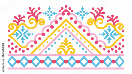 Vibrant Folk Art Design Featuring Bold Geometric Shapes and Ornate Floral Elements, Perfect for Festive Invitations and Cultural Celebrations, Scalable Design