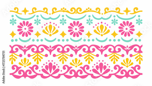 Vibrant floral border design with folk art flair, perfect for adding a cheerful, handcrafted touch to invitations, cards, and festive decorations
