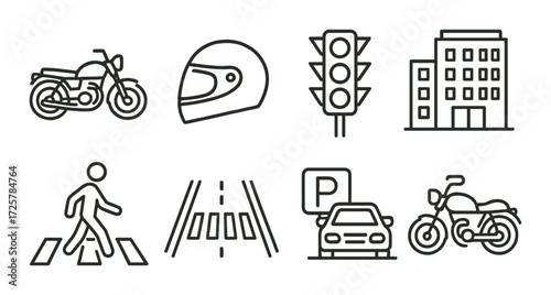 Urban transportation icons: motorbike, helmet, traffic light, building, pedestrian, parking