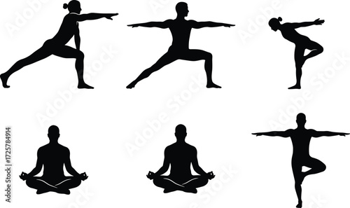 Yoga silhouette poses warrior, tree pose, meditation, balance exercise, stretching posture, fitness lifestyle, wellness activity, body movement, vector illustration design