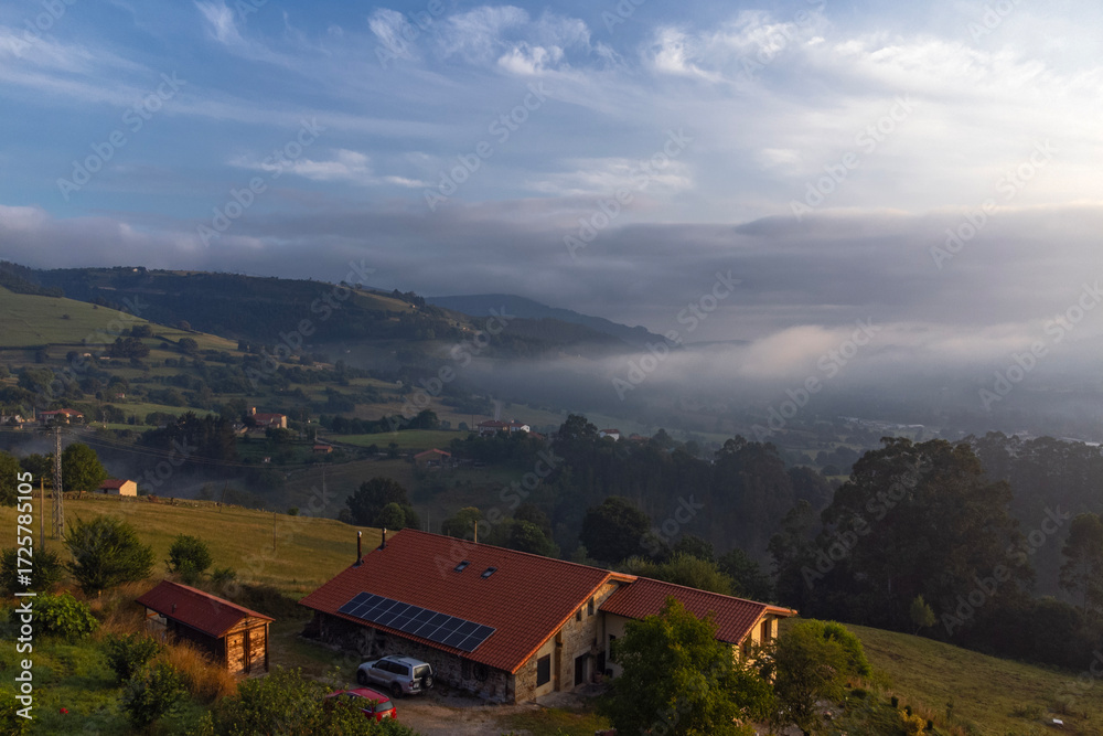 Obraz premium Amazing sunrise and clouds taken with drone in the mountains in Cantabria, around Santander, Spain