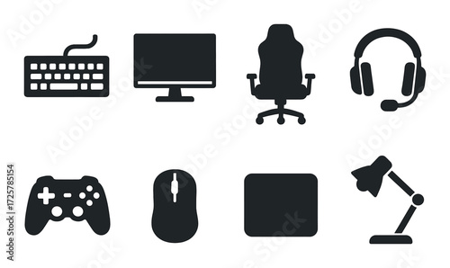 Essential gaming gear: keyboard, monitor, chair, headset, controller, mouse, pad, lamp