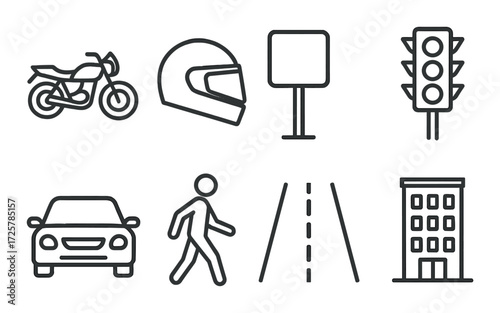 Monochrome traffic icons: motorcycle, helmet, traffic light, car, pedestrian, road, building