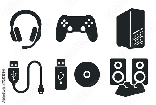 Gaming equipment silhouettes: headset, controller, pc, usb, disc, speakers