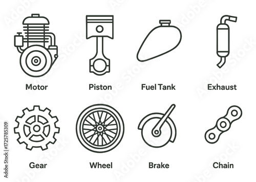 Motorcycle components: engine, piston, fuel tank, exhaust, gear, wheel, brake, chain icons