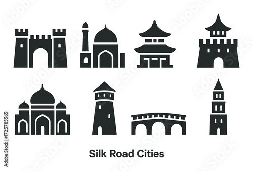 Silk road city icons: cultural landmarks representing historical trade routes