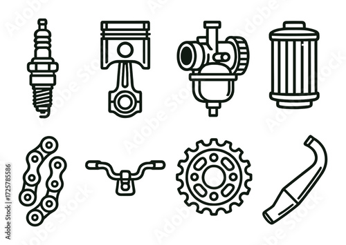 Collection of motorcycle parts icons: spark plug, piston, carburetor, oil filter, chain, handlebar, gear, exhaust