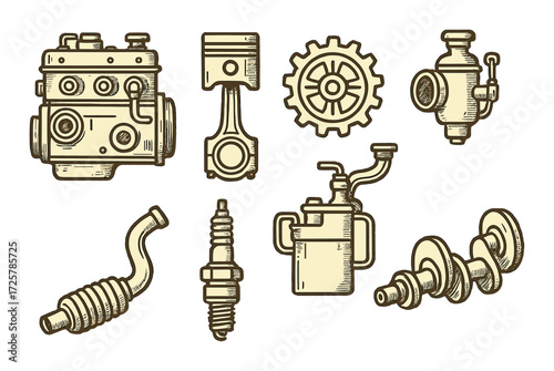 Vintage automotive engine parts sketch on gold background