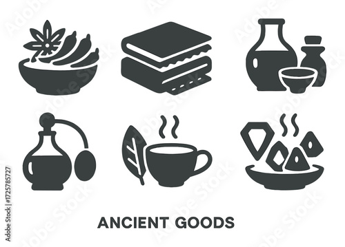 Icons of ancient goods with bananas and teapot silhouettes