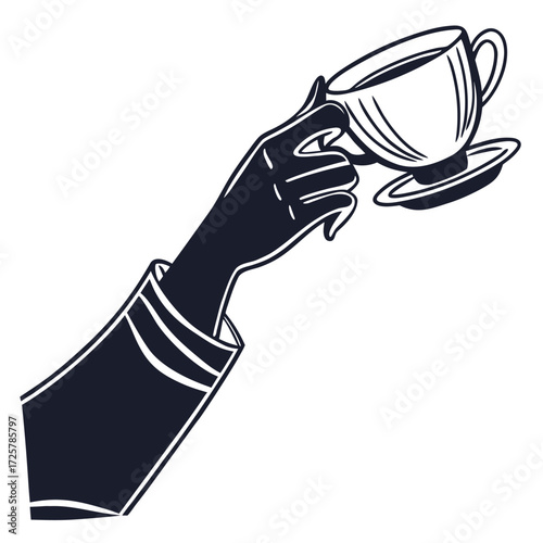 Hand holding coffee cup Tea cup in hand Coffee break concept Vintage style Vector illustration