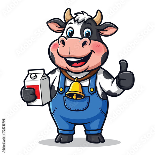 Happy cartoon cow holding milk carton giving thumbs up
