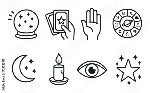 Mystical symbols: crystal ball, tarot cards, palm, zodiac, moon, candle, eye, star