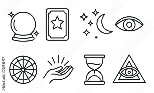 Mystical symbols: crystal ball, tarot, moon, eye, zodiac, hourglass, triangle
