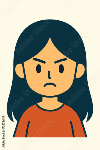 Confident cartoon girl with serious face expression.