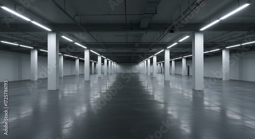 Empty warehouse stretches into the distance with rows of white pillars and fluorescent lights creating a sense of vastness and industrial solitude.