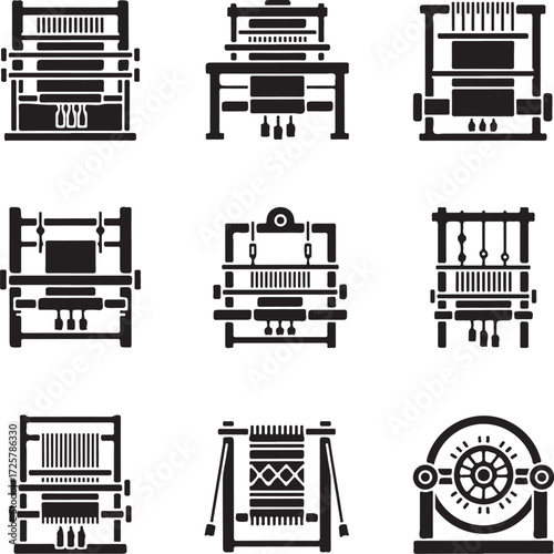 Vector art of collection of weaving loom icons showcasing various types of looms used in textile production, highlighting the craftsmanship and technology involved in creating fabrics and textiles on