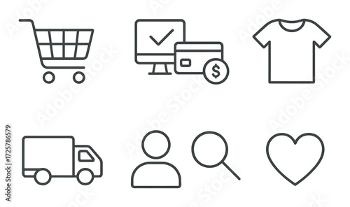 Outline icons set: online shopping, payment, delivery, user, search, favorites