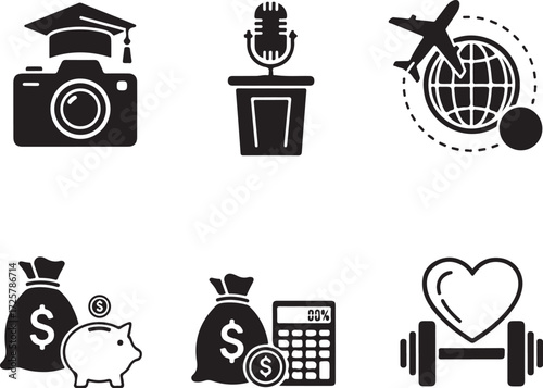 Vector art of education and career icons featuring graduation, speeches, study abroad, graduate, and wellness, representing academic achievements and personal development on