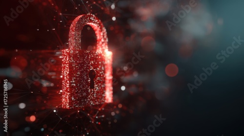 Red digital padlock with connected lines. Network security and data protection concept. Cyber privacy and internet safety.