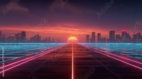 Retro cyberpunk cityscape with neon grid road. Futuristic urban landscape with sunset. Digital metaverse or virtual reality concept.
